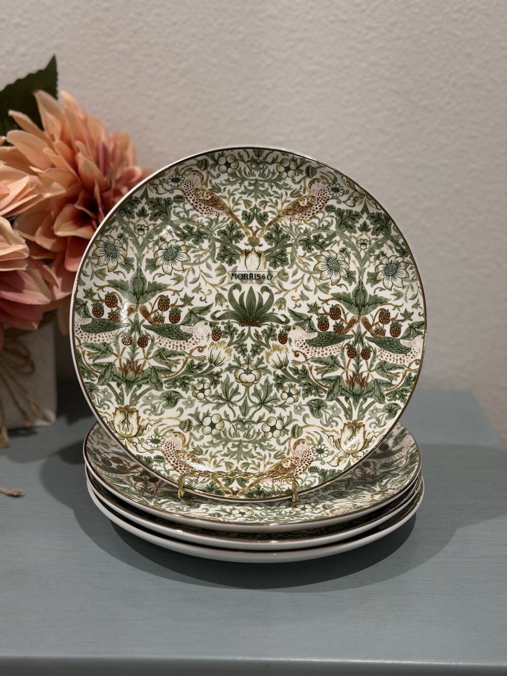 Set-4 Morris & Co. Strawberry Thief Salad/ Dessert Plates with Gold Rim 8.5”